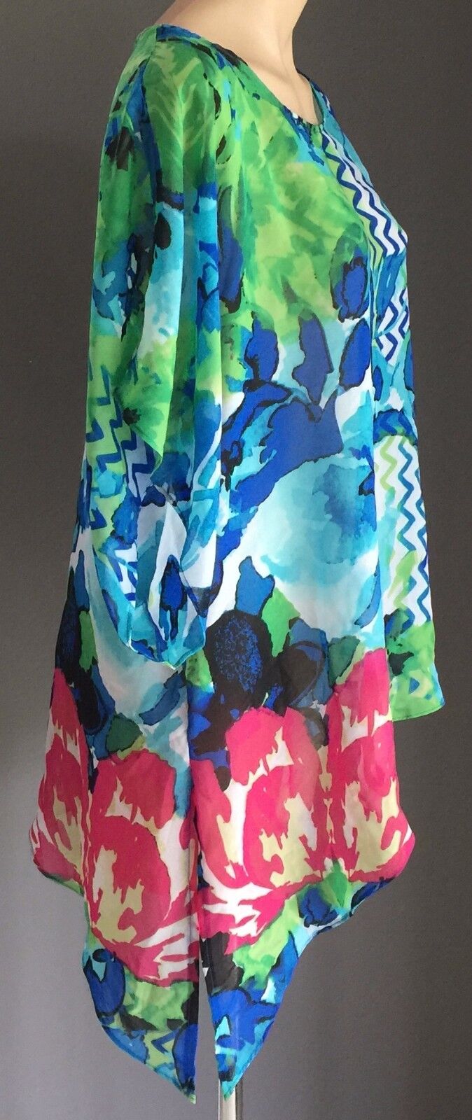 W LANE Kaftan Sheer Top Bright Colourful Floral Beach Cover Pool Size L 12 NEW