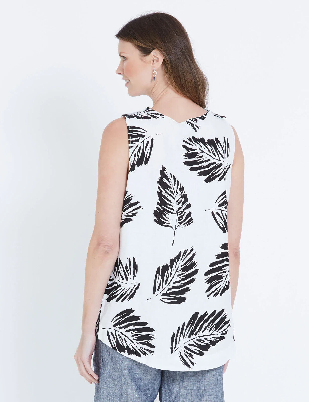 W LANE White Linen Top Blouse Black Fern Size 16 Sleeveless Button Trim NEW