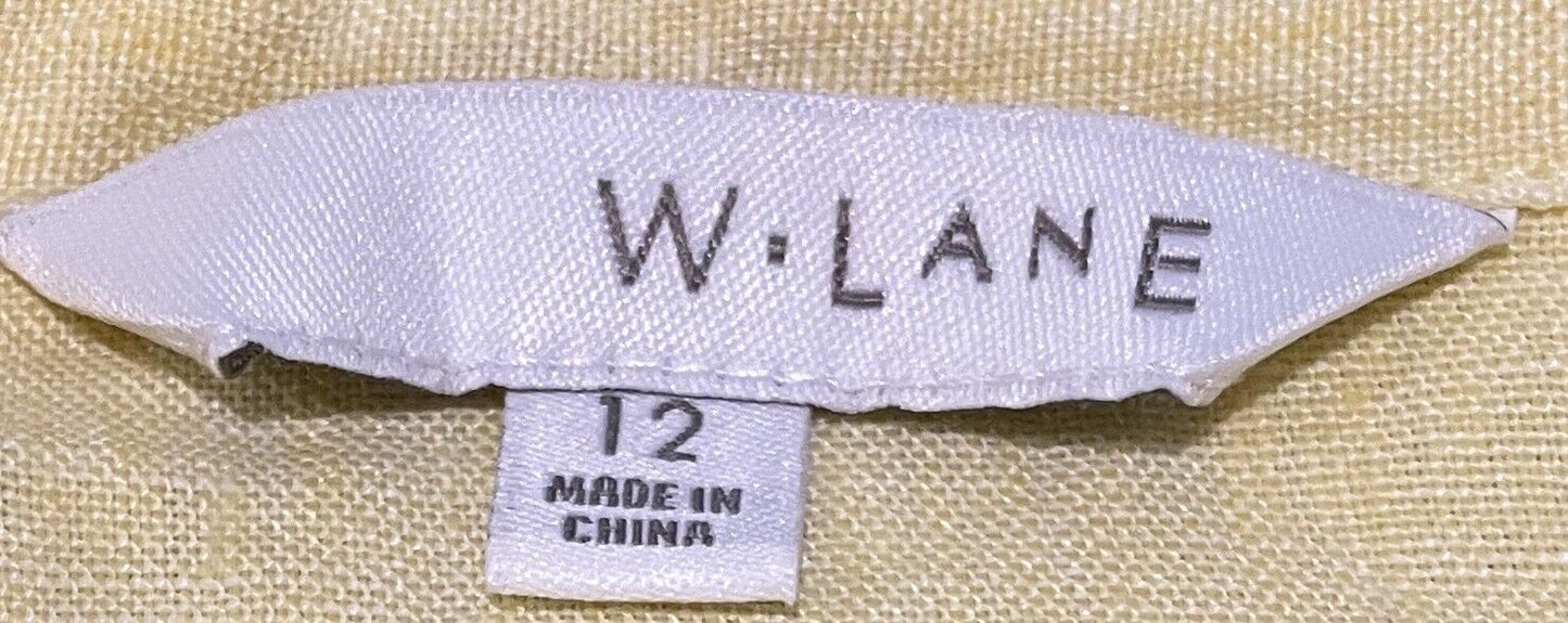 W LANE Linen Sleeveless Shirt Pale Yellow Top Size 12 Button Front Collar Blouse