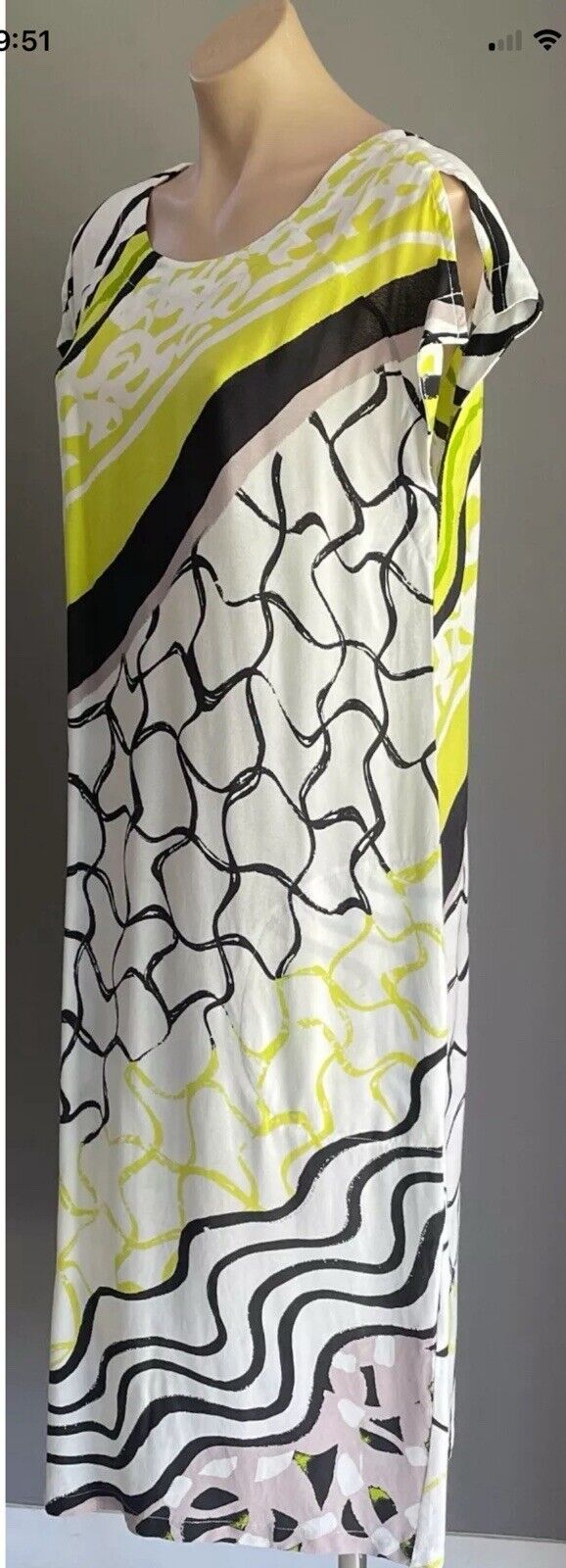 W LANE Midi Dress White Black Taupe Neon Abstract Print Cap Sleeve Shift Size 16