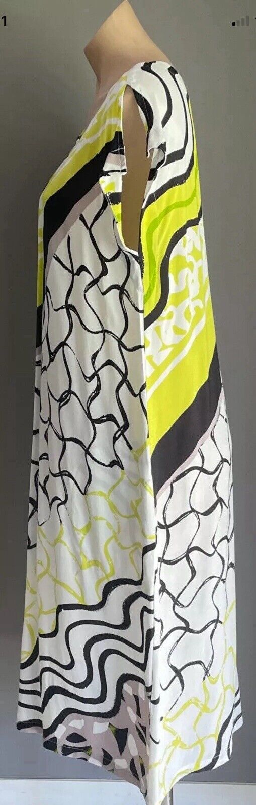 W LANE Midi Dress White Black Taupe Neon Abstract Print Cap Sleeve Shift Size 16
