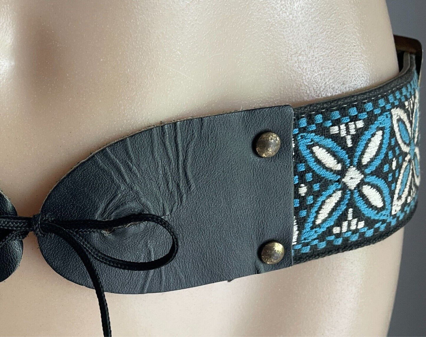 5cm Embroidered Belt Blue White Black Flower Tapestry PU Back Tie Belt 96 l134cm