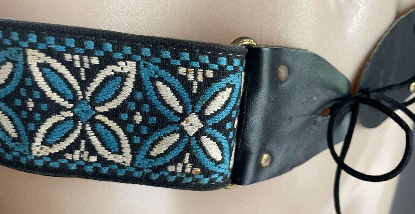 5cm Embroidered Belt Blue White Black Flower Tapestry PU Back Tie Belt 96 l134cm