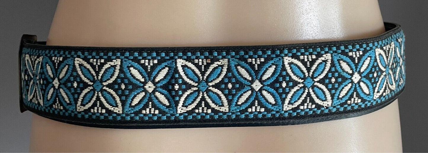 5cm Embroidered Belt Blue White Black Flower Tapestry PU Back Tie Belt 96 l134cm