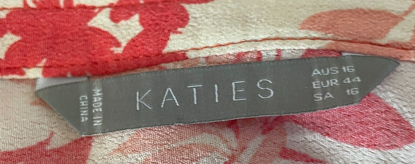 KATIES Dress Off White Peach Coral Leaf Print Sleeveless Shift Size 16