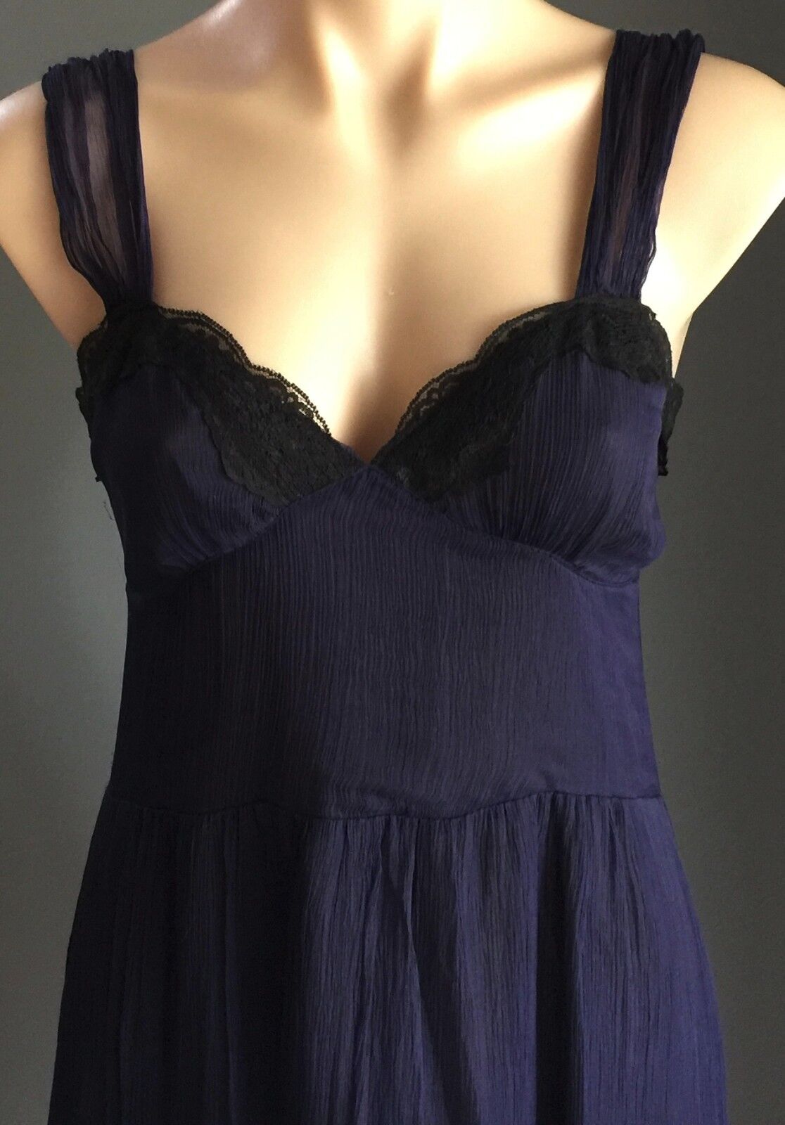 COOPER ST Dress Blue Silk Empire Waist w Black Lace Trim Ladies Size 10