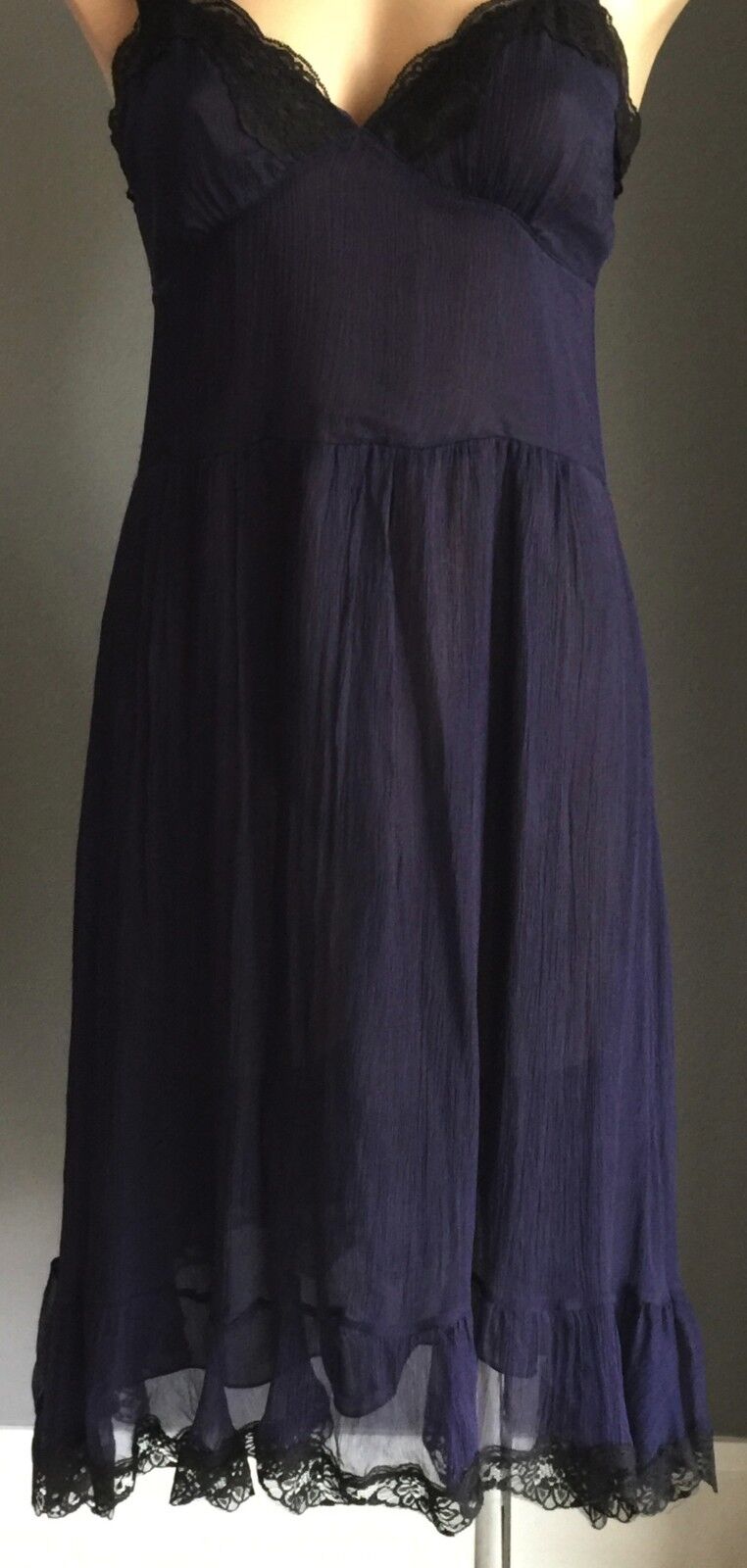 COOPER ST Dress Blue Silk Empire Waist w Black Lace Trim Ladies Size 10