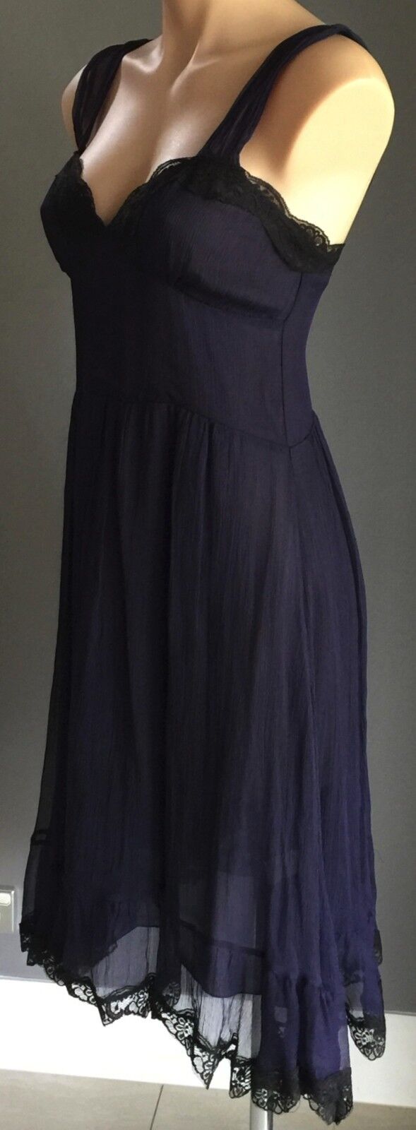 COOPER ST Dress Blue Silk Empire Waist w Black Lace Trim Ladies Size 10