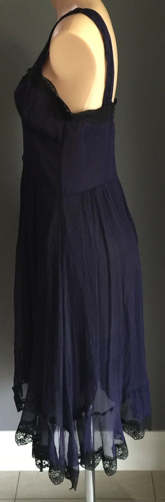 COOPER ST Dress Blue Silk Empire Waist w Black Lace Trim Ladies Size 10