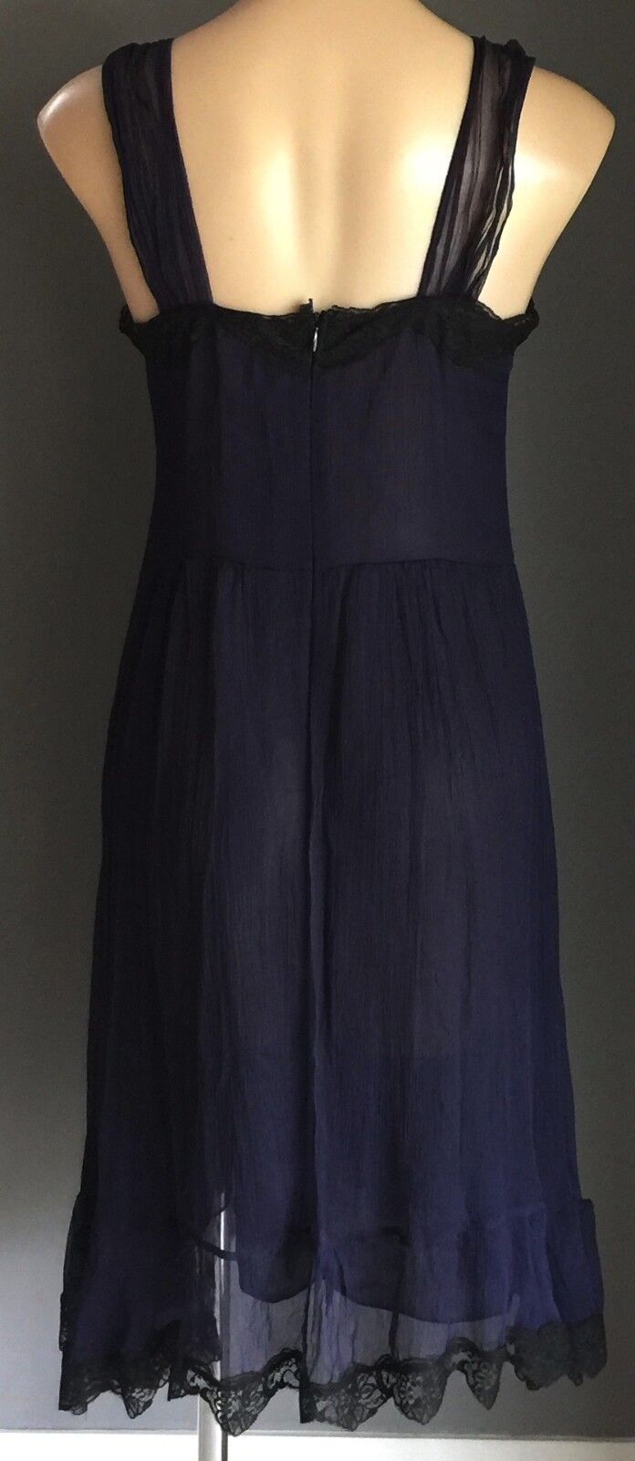 COOPER ST Dress Blue Silk Empire Waist w Black Lace Trim Ladies Size 10
