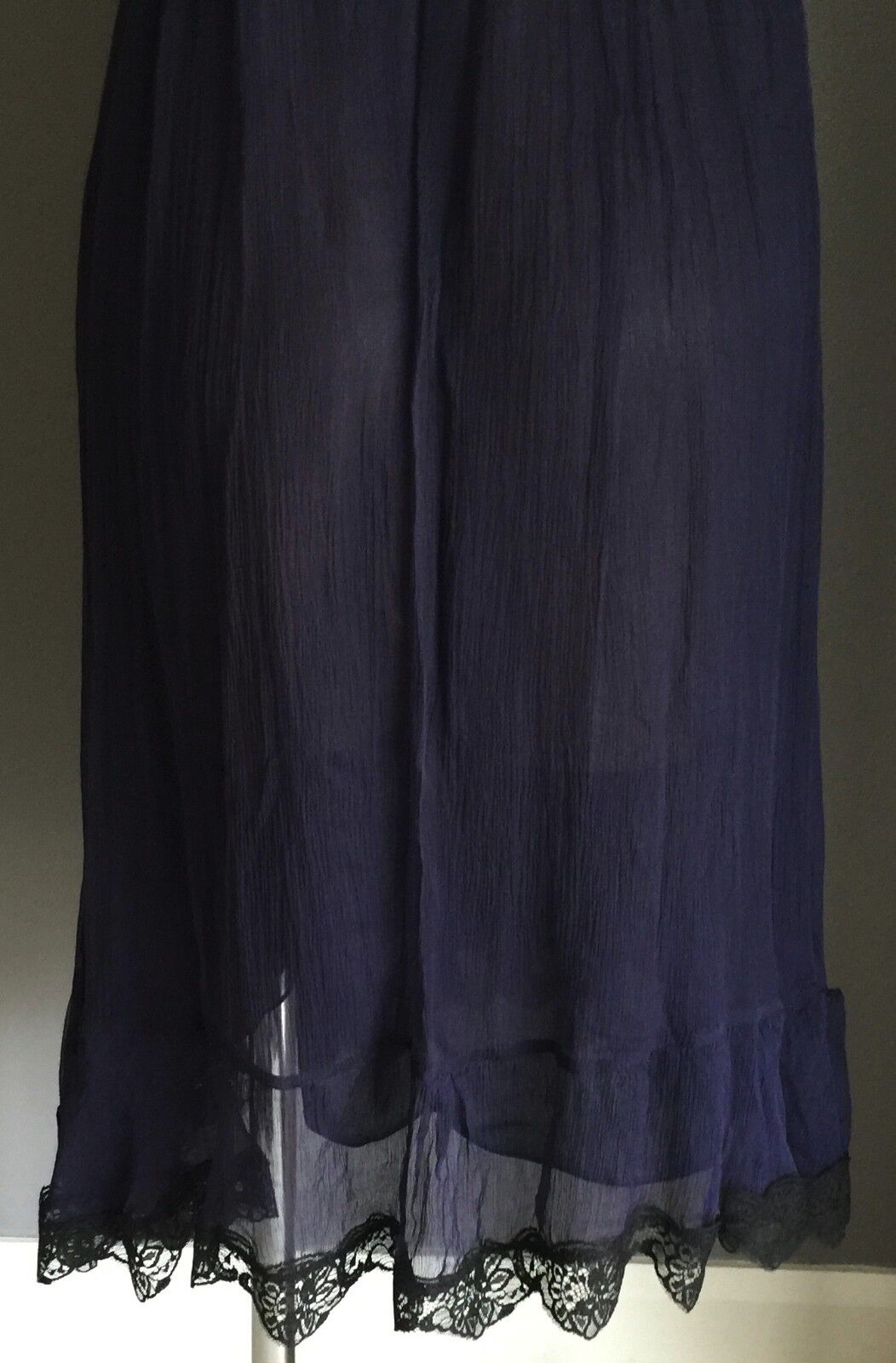 COOPER ST Dress Blue Silk Empire Waist w Black Lace Trim Ladies Size 10