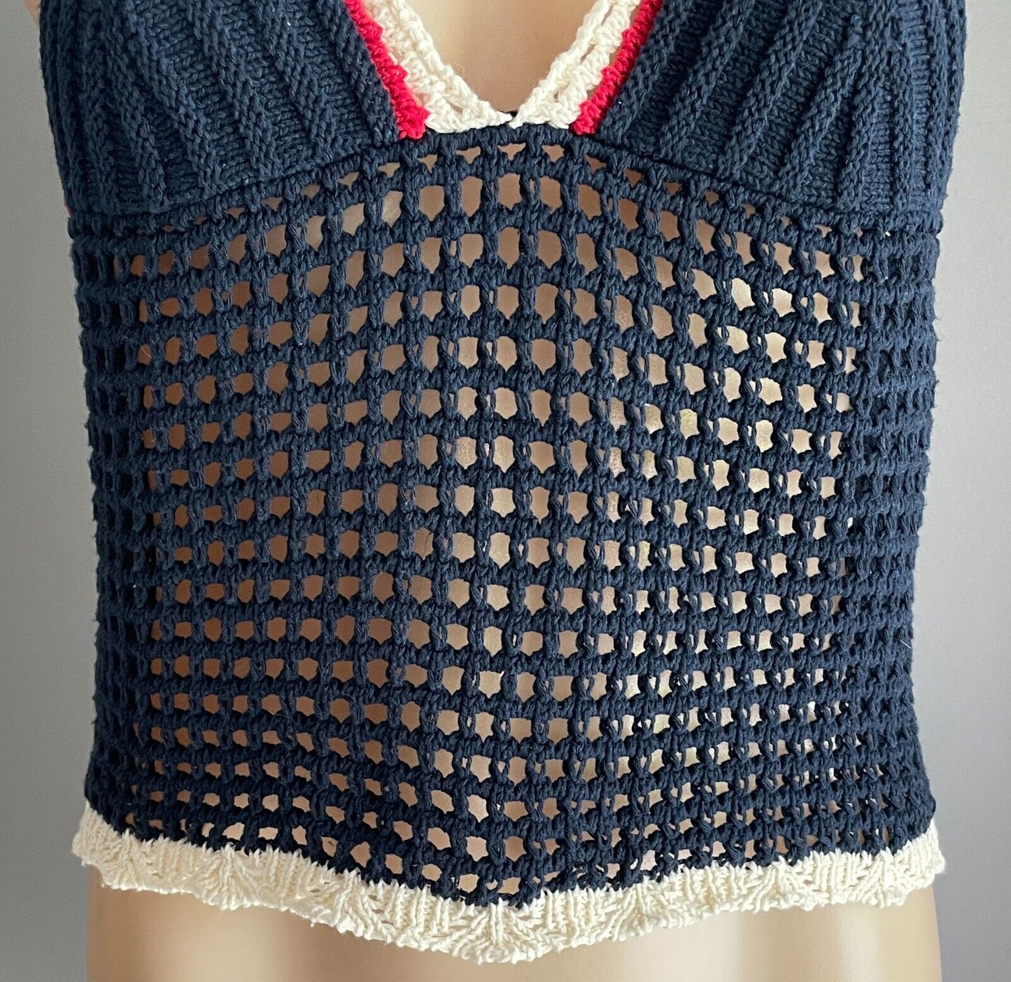 ZARA TRF Crochet Crop Top Halter Neck Navy White & Red Trim Size EU S AU 10