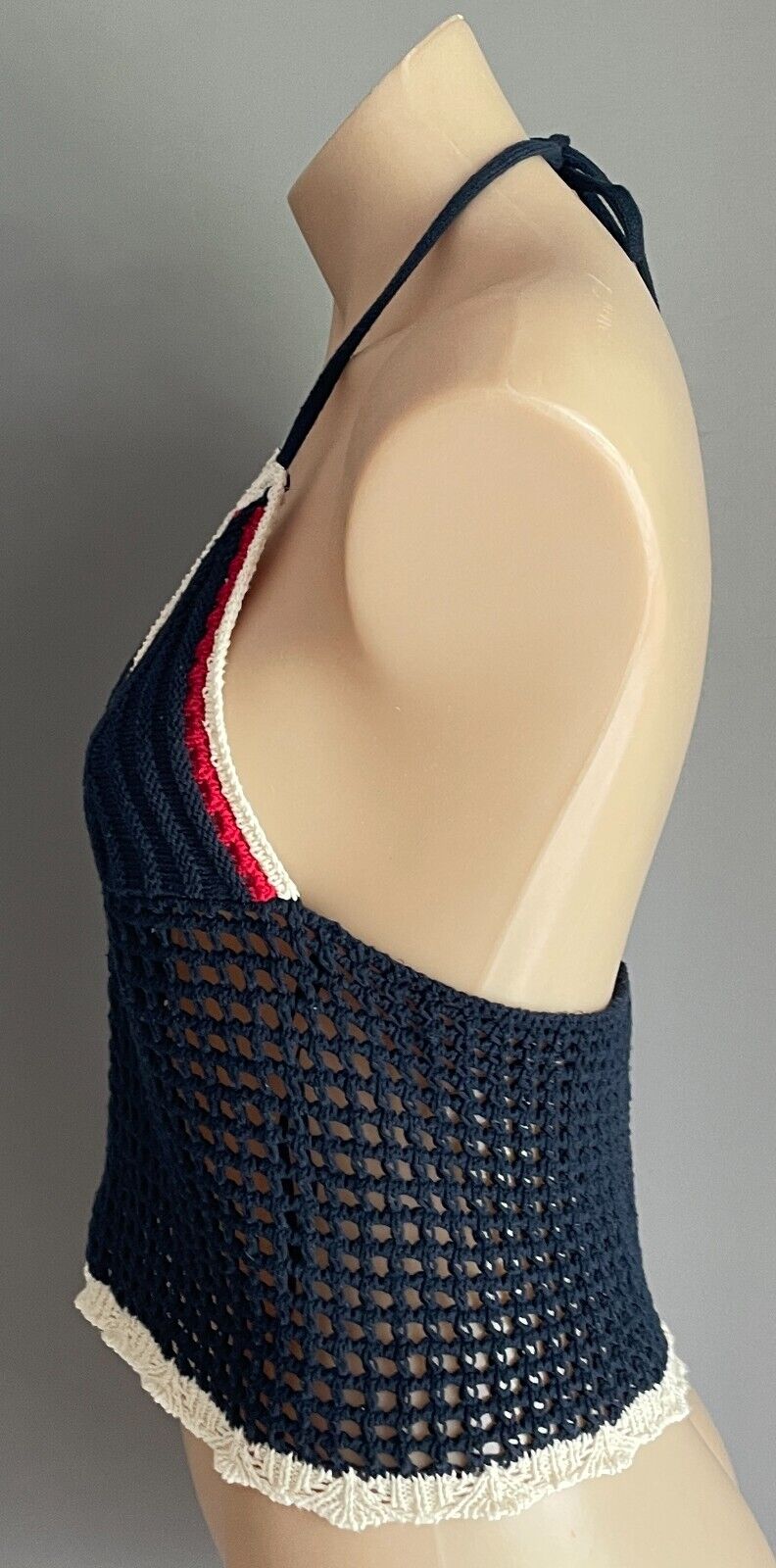 ZARA TRF Crochet Crop Top Halter Neck Navy White & Red Trim Size EU S AU 10