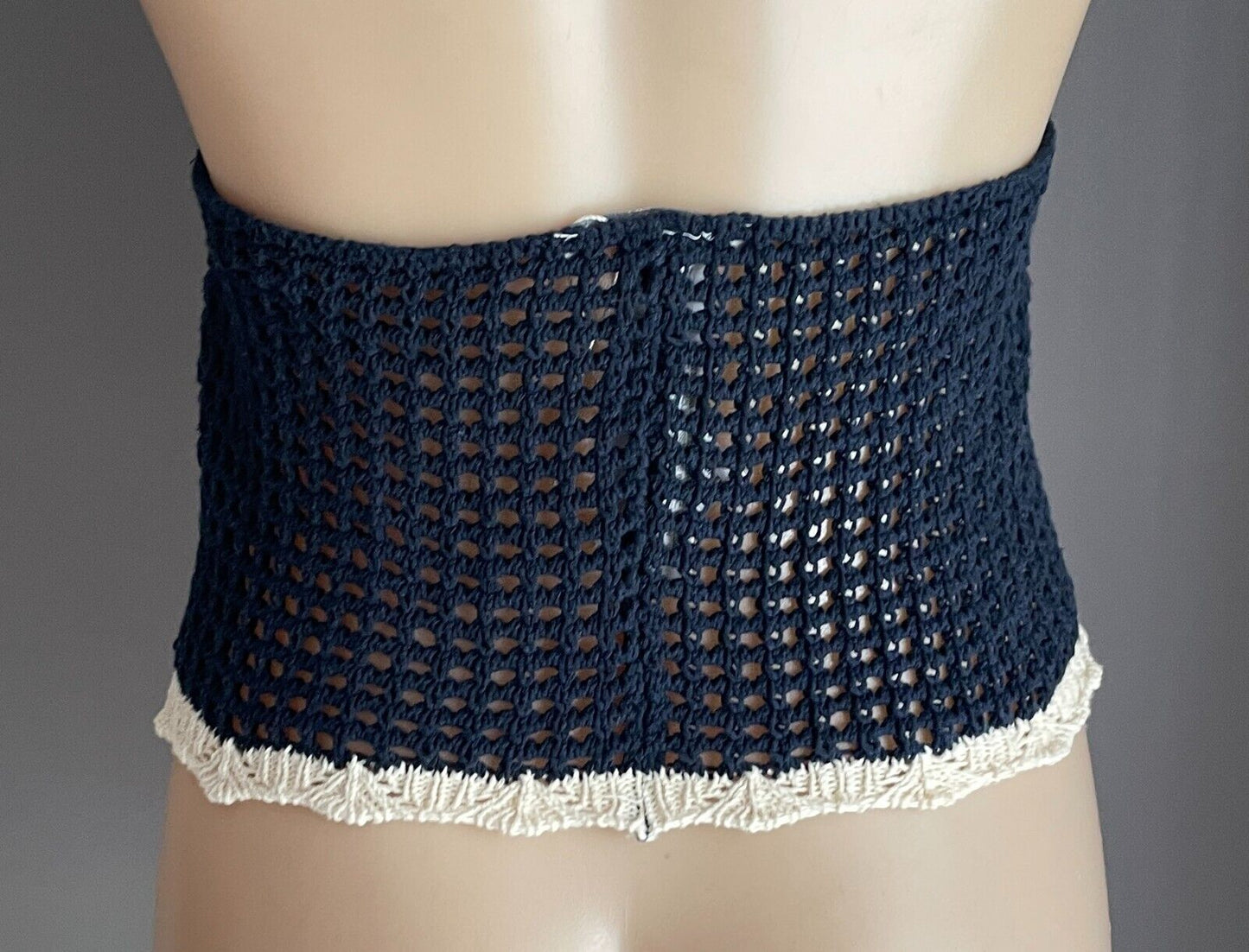 ZARA TRF Crochet Crop Top Halter Neck Navy White & Red Trim Size EU S AU 10