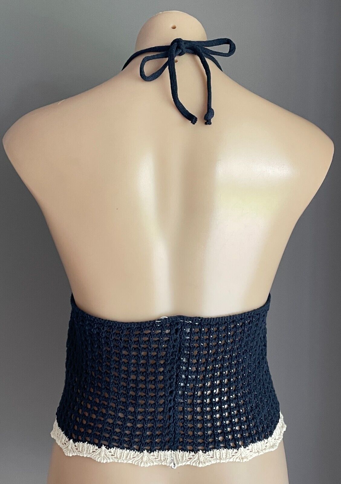 ZARA TRF Crochet Crop Top Halter Neck Navy White & Red Trim Size EU S AU 10