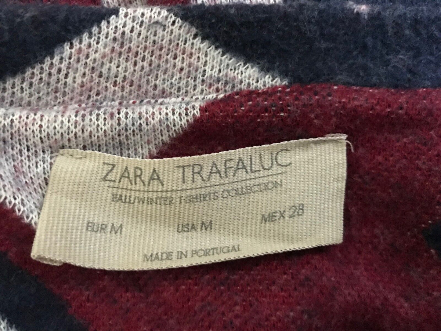 ZARA TRAFALUC Thick Knit Poncho Burgundy Navy & Oatmeal Geo Print Size M 10 14