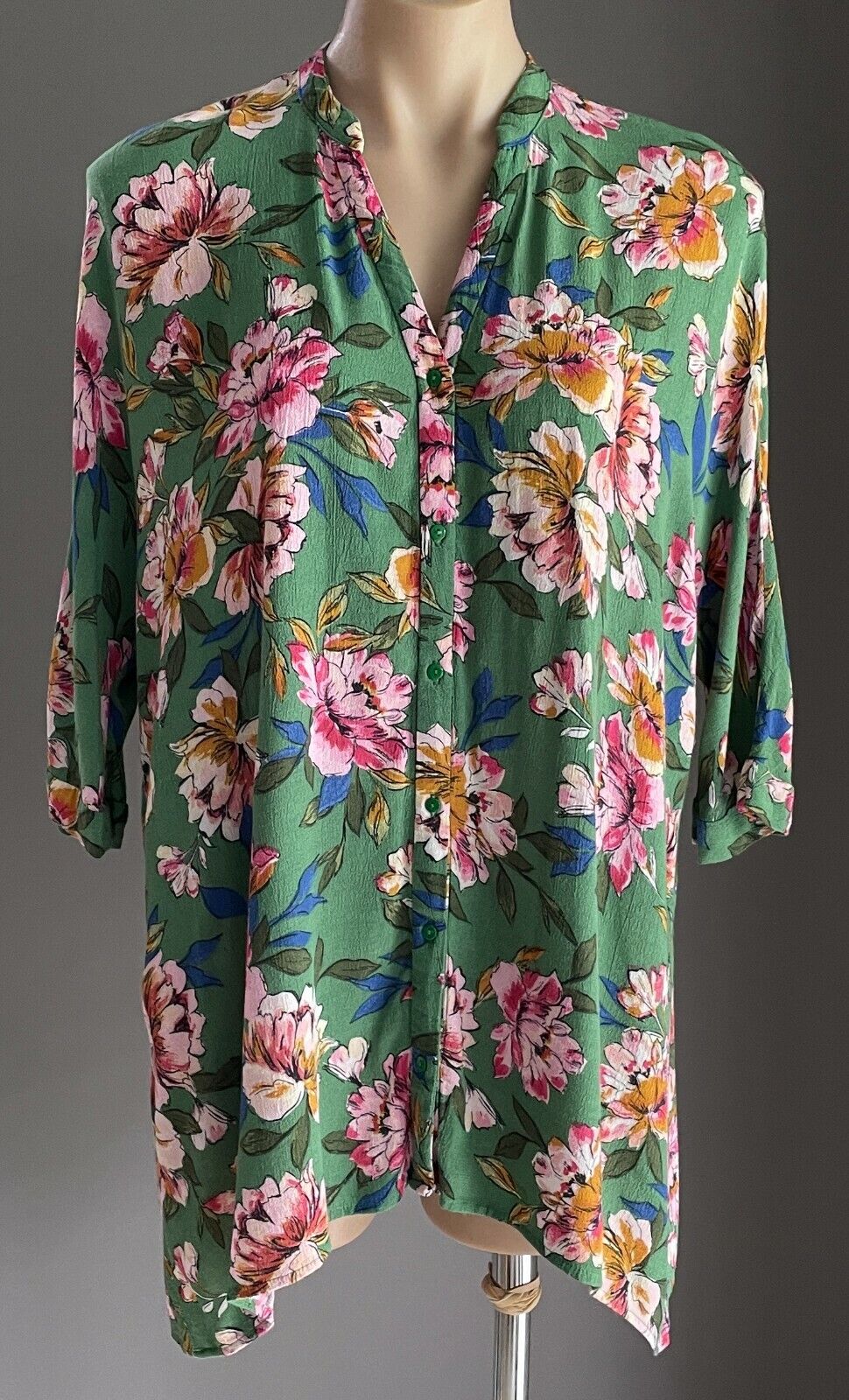 ZARA TRF Top Loose Long Green Floral Buttoned Sh/Sleeve Shirt Top Sz EU S AU 12