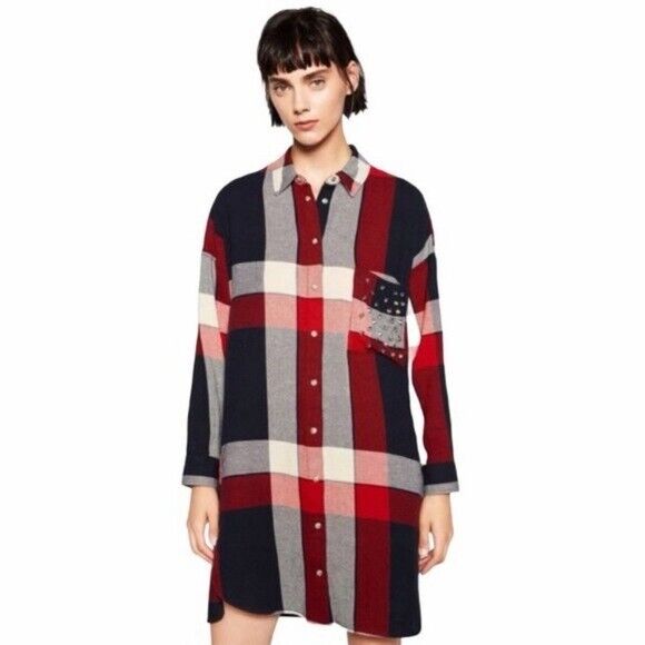 ZARA Plaid Shirt Dress Oversized Shacket Stud Chest Pocket Size EU M 12 NEW