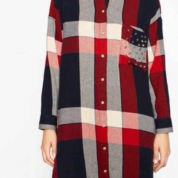 ZARA Plaid Shirt Dress Oversized Shacket Stud Chest Pocket Size EU M 12 NEW
