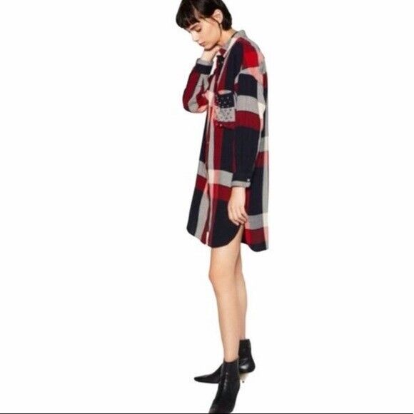 ZARA Plaid Shirt Dress Oversized Shacket Stud Chest Pocket Size EU M 12 NEW