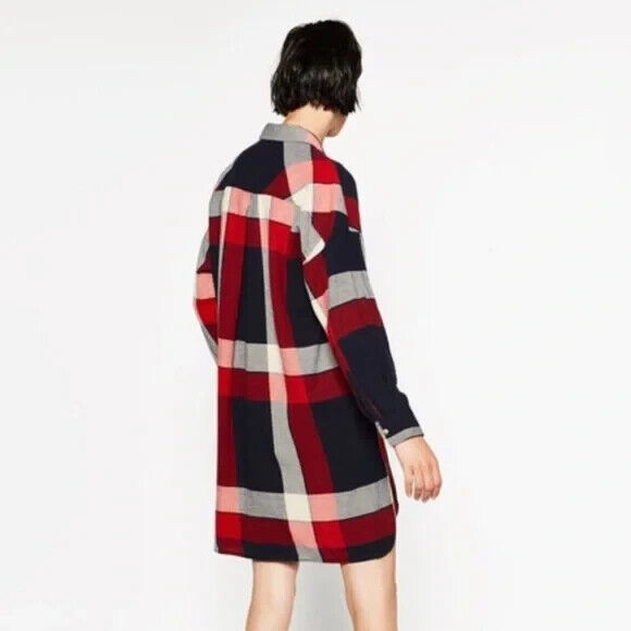 ZARA Plaid Shirt Dress Oversized Shacket Stud Chest Pocket Size EU M 12 NEW