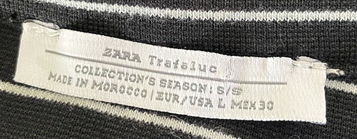 ZARA TRAFALUC Bodycon Black White Stripe 3/4 Sleeve Stretch Midi Dress Size EU L