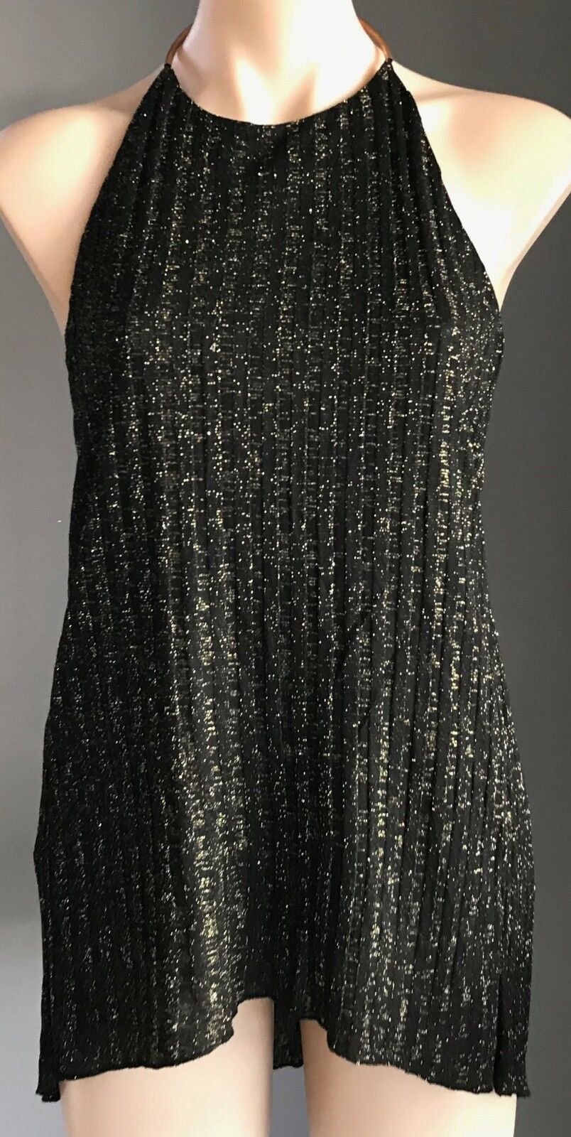 ZARA Dip Hem Top Black & Gold Metallic Lurex Gold Choker Halter Neck S 8 10 NEW