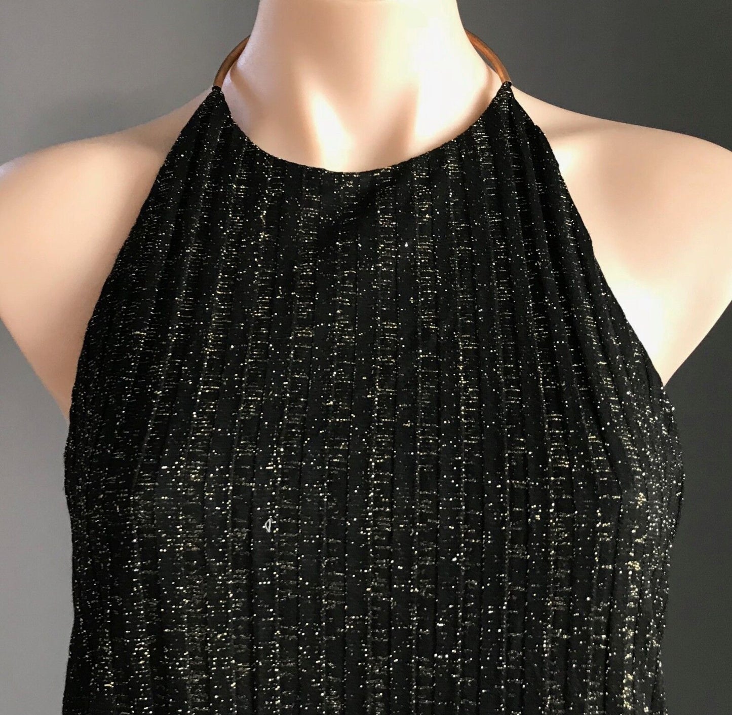 ZARA Dip Hem Top Black & Gold Metallic Lurex Gold Choker Halter Neck S 8 10 NEW