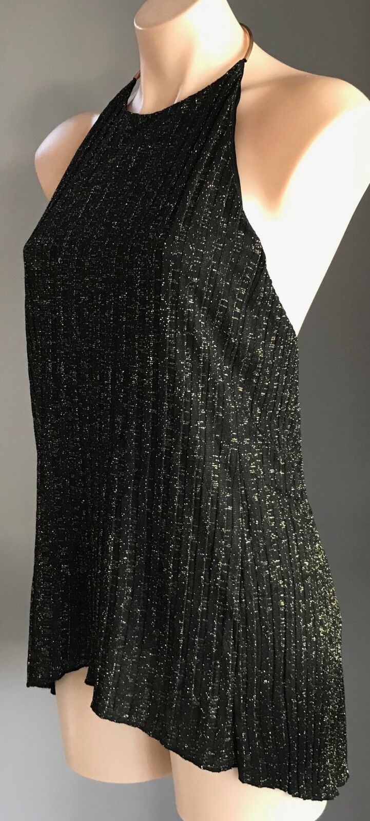 ZARA Dip Hem Top Black & Gold Metallic Lurex Gold Choker Halter Neck S 8 10 NEW