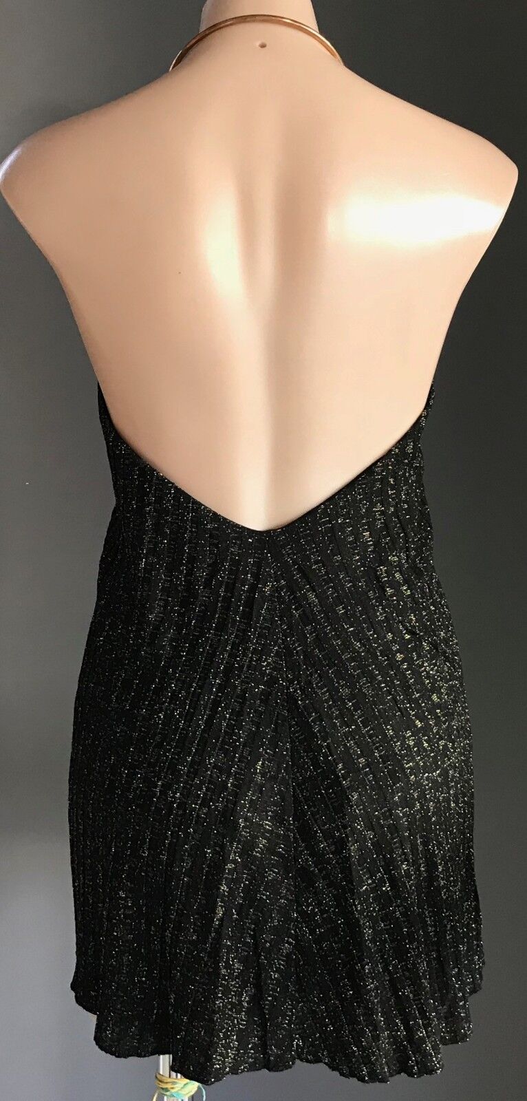 ZARA Dip Hem Top Black & Gold Metallic Lurex Gold Choker Halter Neck S 8 10 NEW