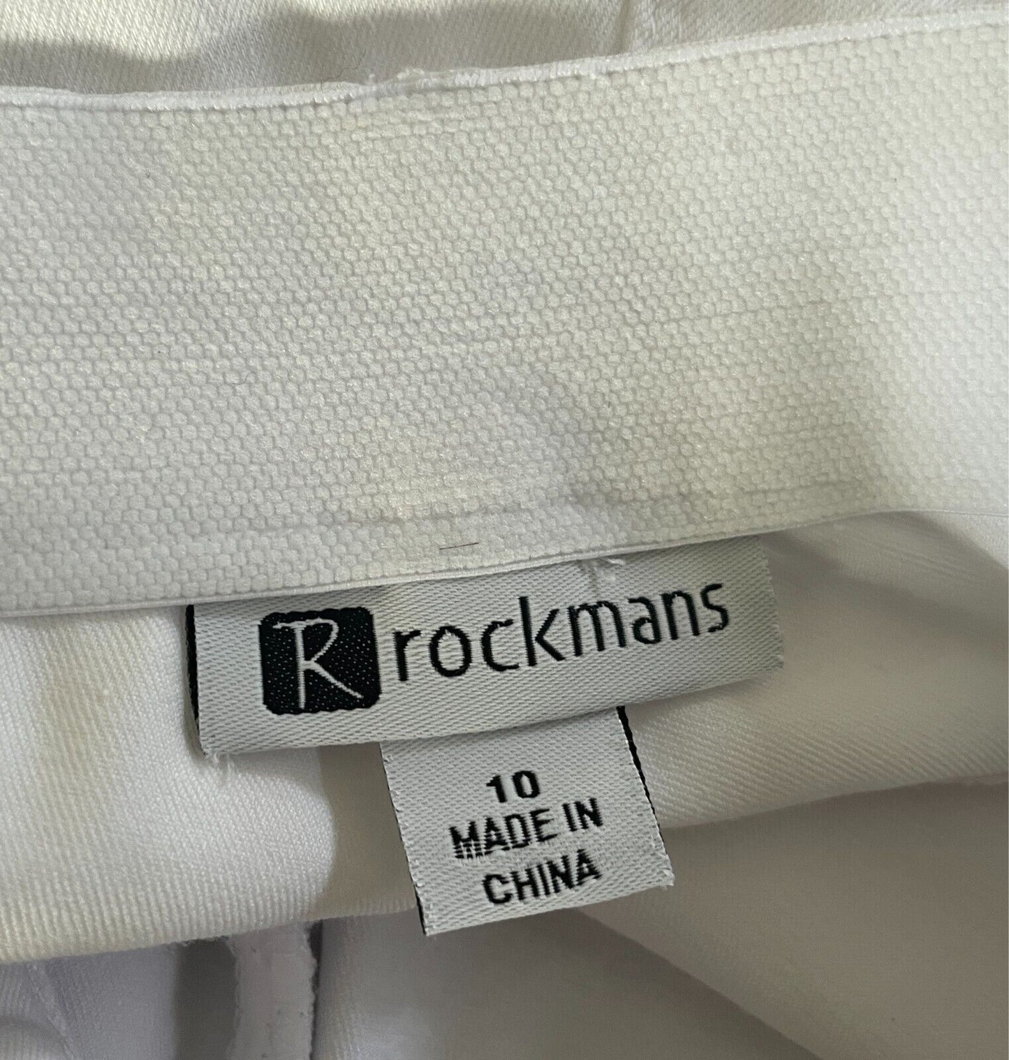 ROCKMANS White Stretch Denim Shorts Size 10 Comfort Waist Knee Length Zip Trim