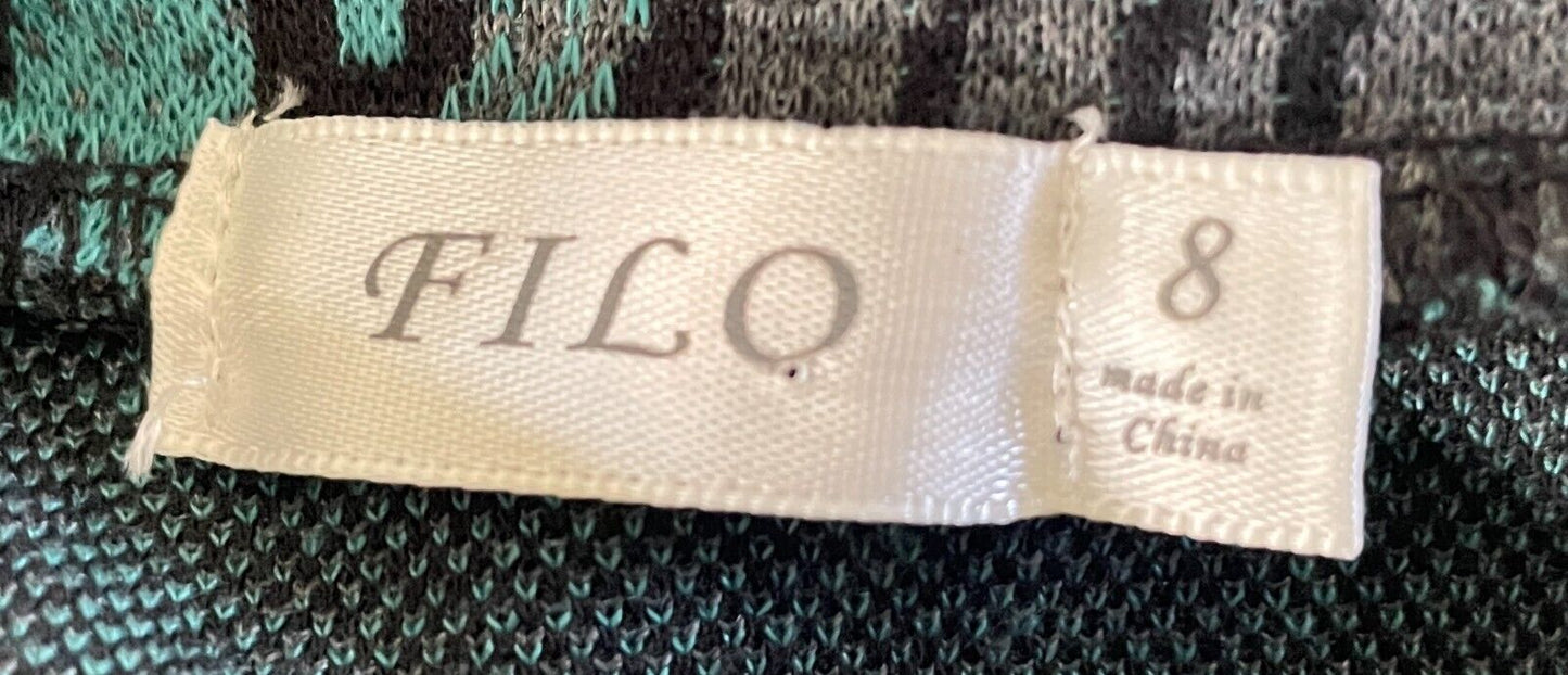 FILO Dress Aqua Black Grey A-Line Size 8 10 Shawl Collar Cap Sleeve Short Length
