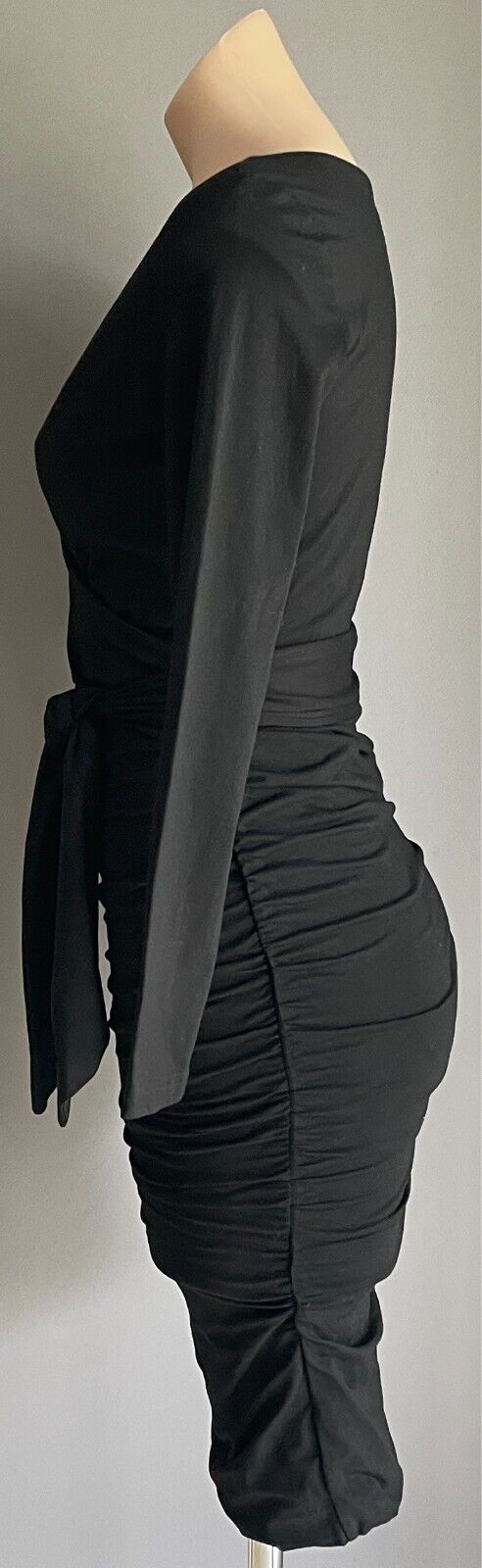 WHITE SANDSTORM Black Dress Faux Wrap Ruched Size S 10 Waist Tie Long Sleeve