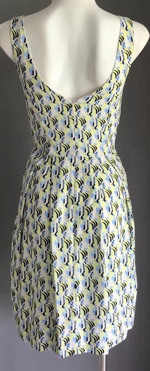 CUE Dress Sleeveless Shift Black Neon Blue White Abstract Print Ladies Size 6 8