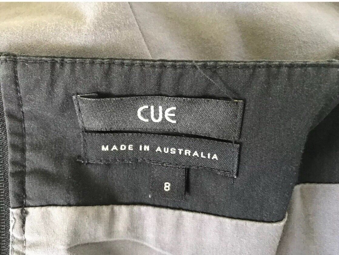 CUE Sheath Dress Sleeveless Knee Length Grey & Black Trim Ladies Size 8 10