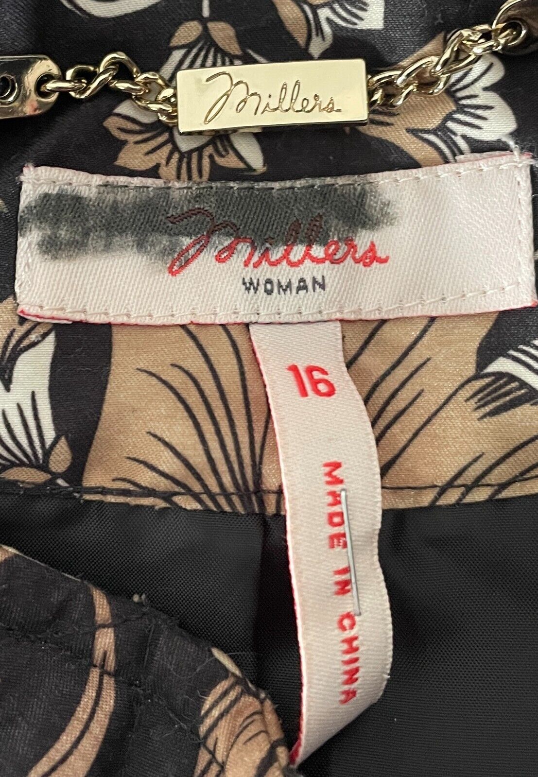MILLERS Sleeveless Quilted Vest Gilet Size 16 Black Beige Whit Floral Zip Front