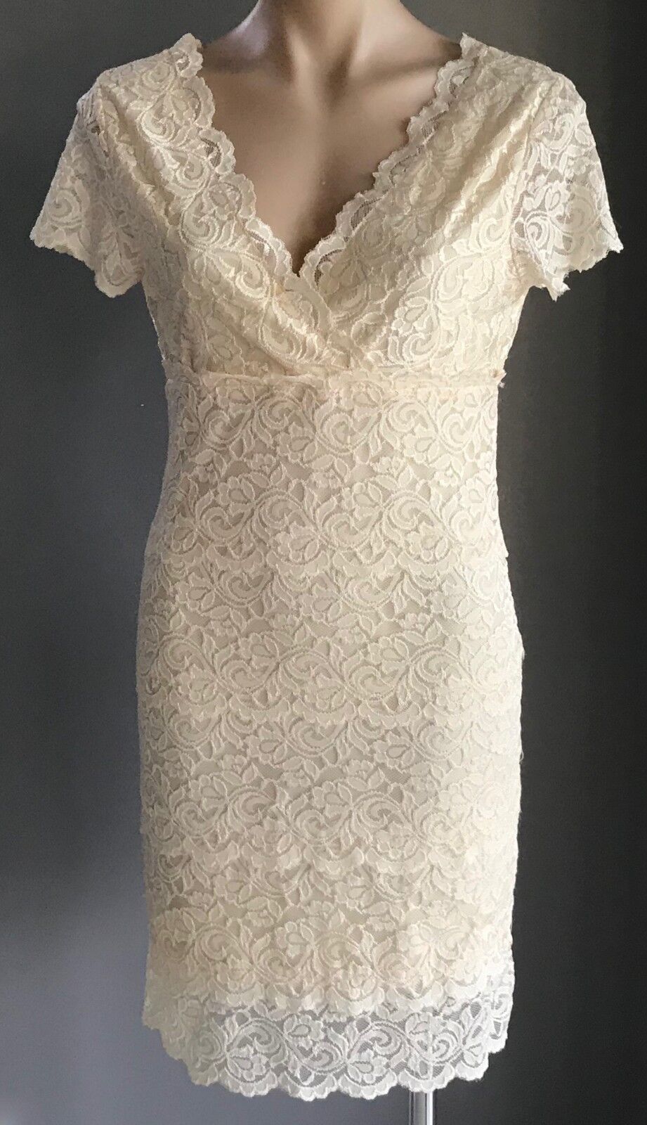 TEMT Dress Cream Short Sleeve Stretch Lace Empire Waist Tier Frock Size S 10