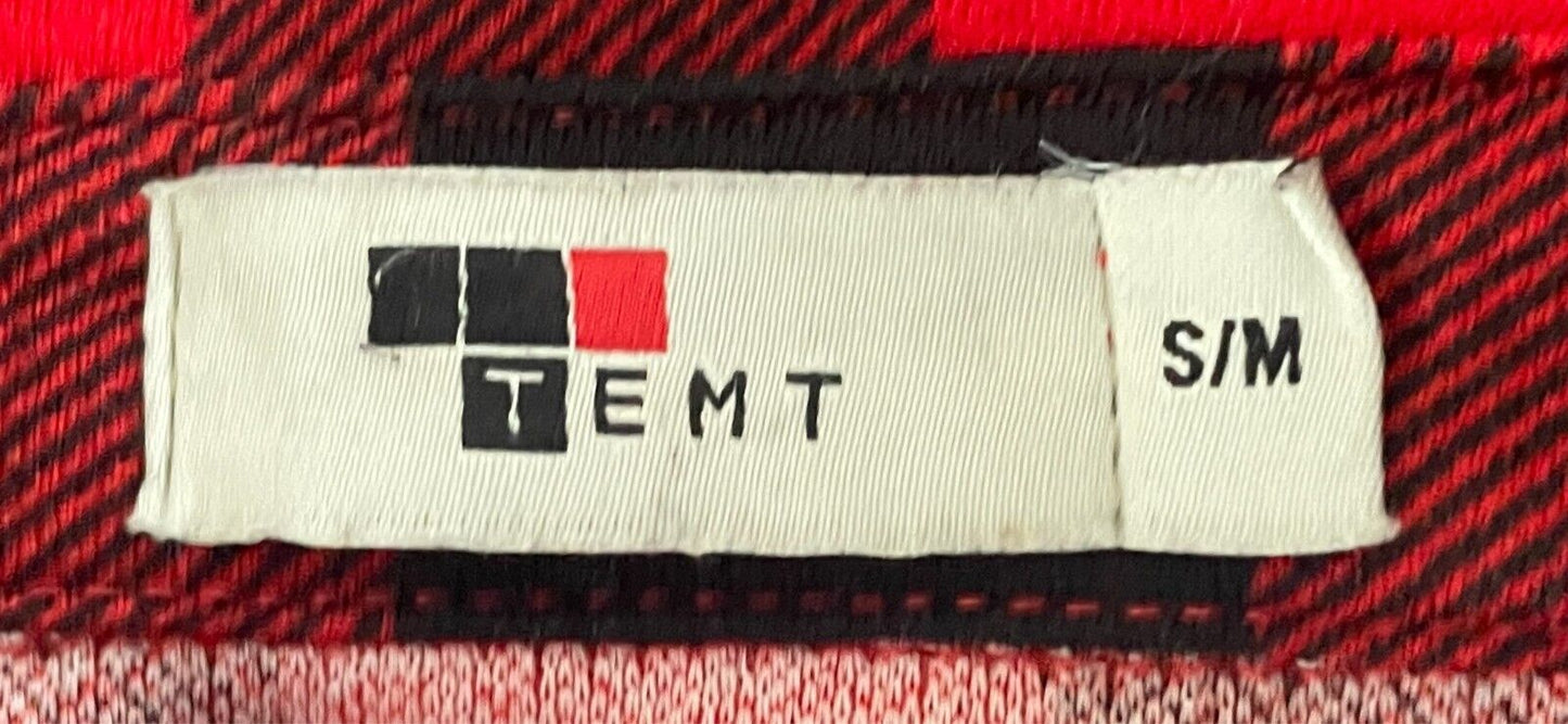 TEMT Top Red & Black Hi-Lo Hem Size S M 10 12 Adjustable Sleeves Relaxed Stretch