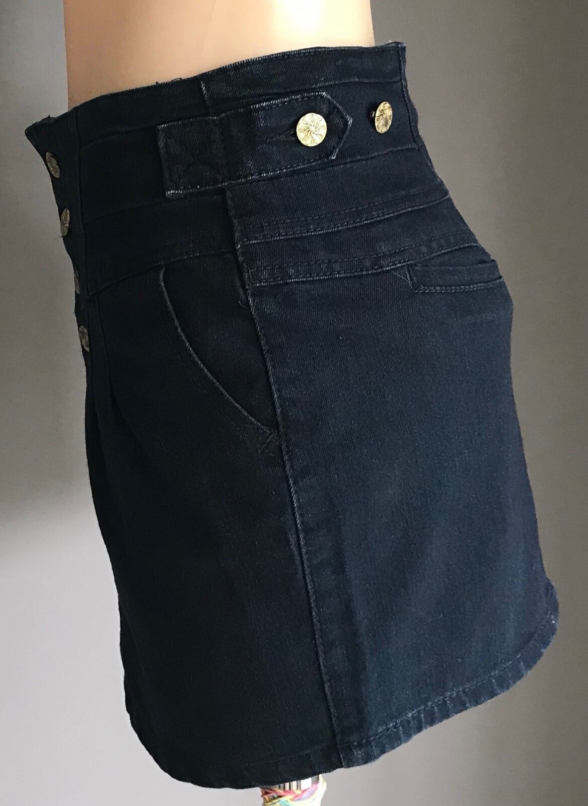 JUST ADD SUGAR Denim Skirt Mini Dark Blue Jeans Yoke Waist Ladies Size 10 Retro