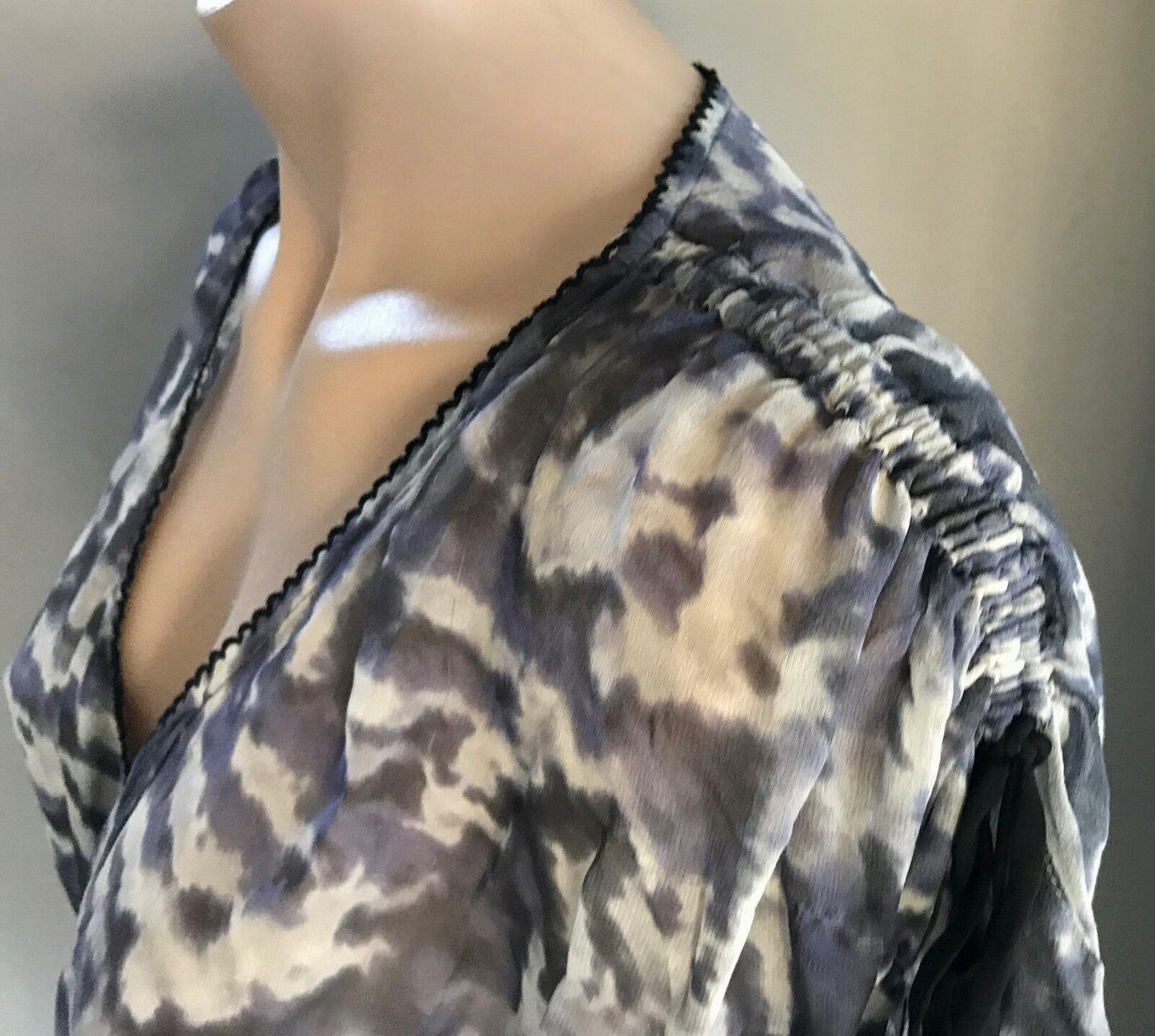WISH Vanguard Silk Kaftan Top Kimono Grey & Black Print Sleeve Sheer Size L 14