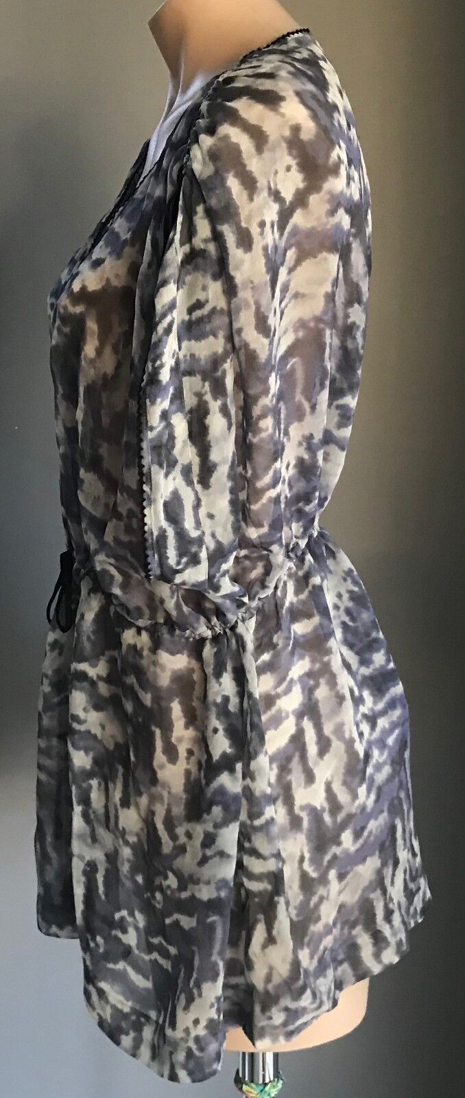 WISH Vanguard Silk Kaftan Top Kimono Grey & Black Print Sleeve Sheer Size L 14