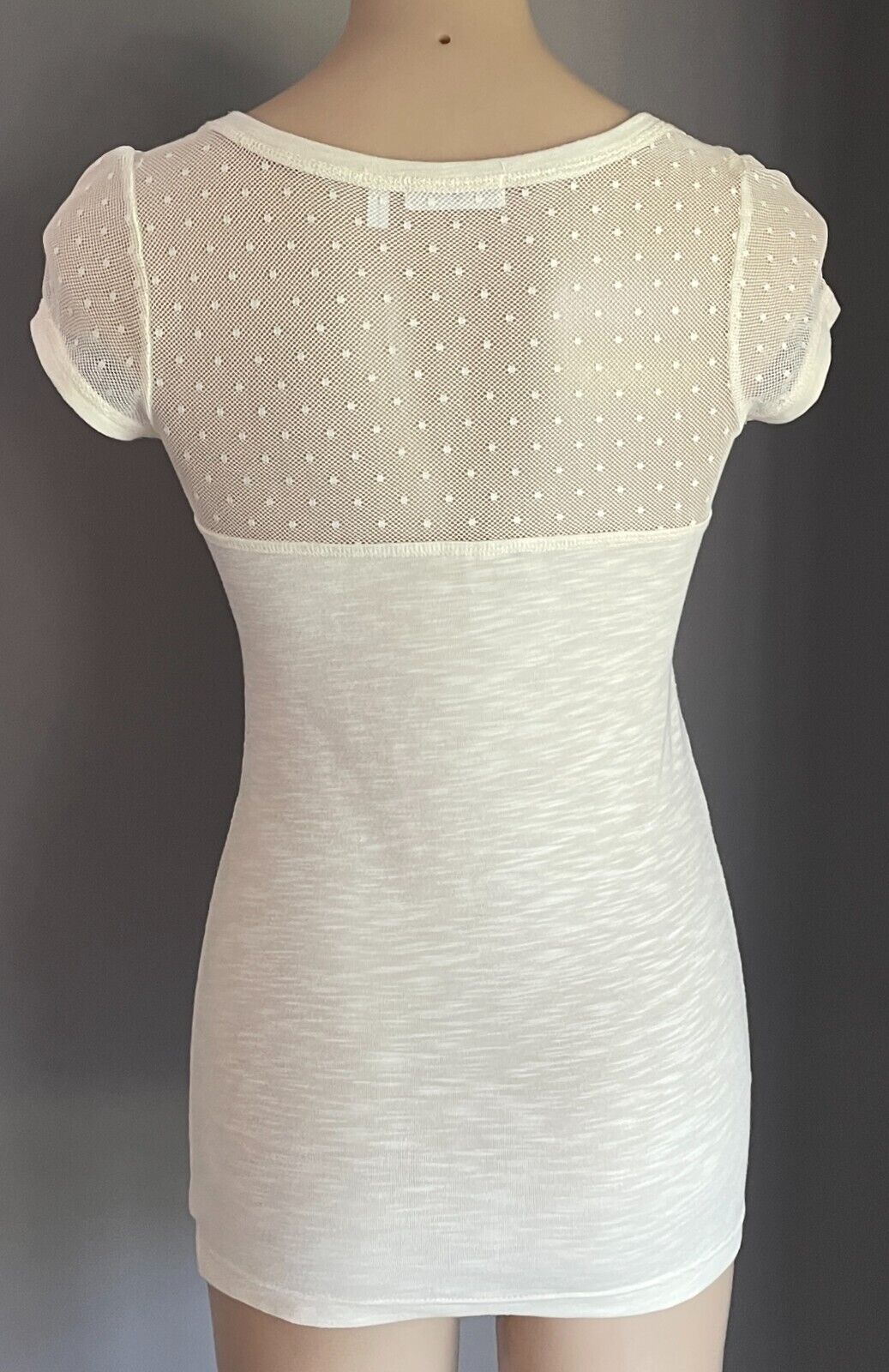 WISH DENIM Top Off White Cap Sleeve Size S Mesh Net Fabric Trim Stretch