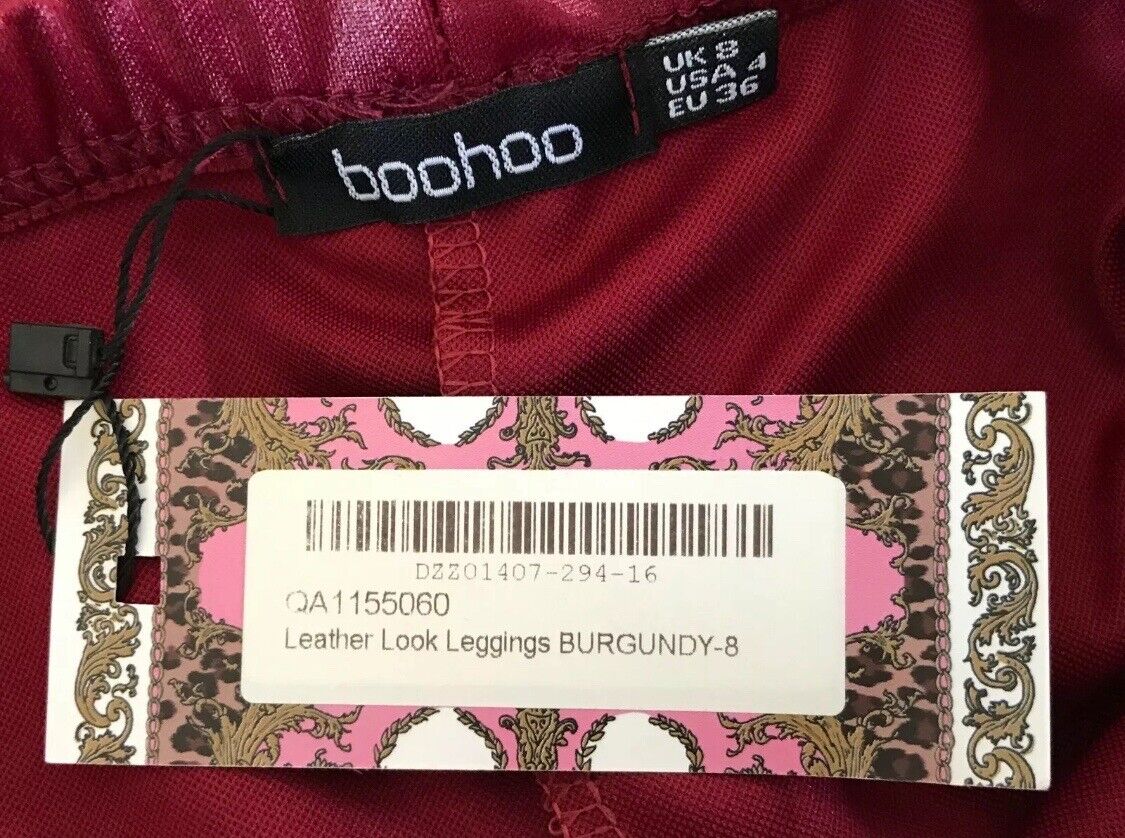 BOOHOO Leggings Leather Look Burgundy Elastic Waist Stretch Pants Size 8 NEW