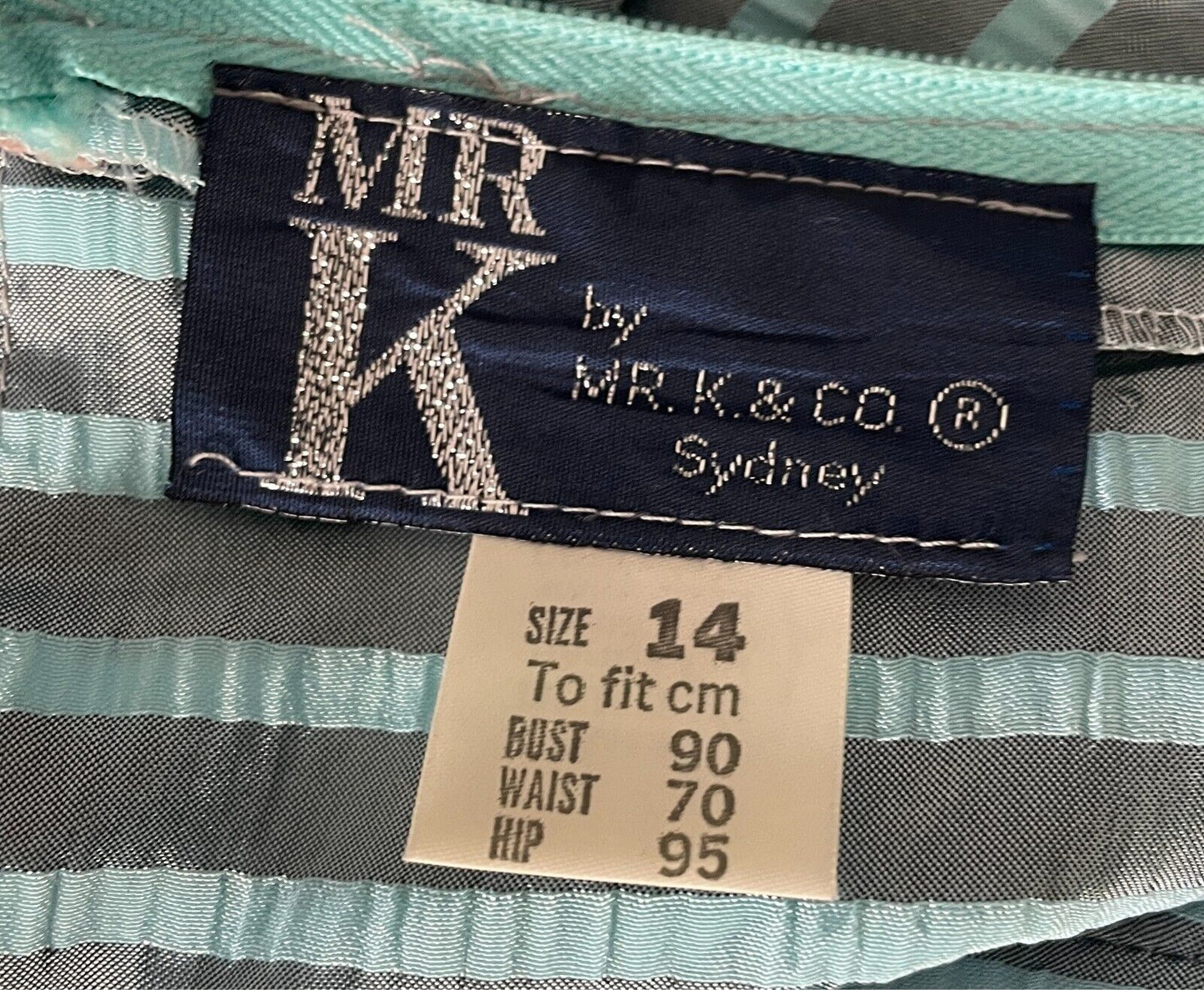 Vintage MR K Dress 1980s Blue & Grey Stripe Off the Shoulder Pink Trim Size 14