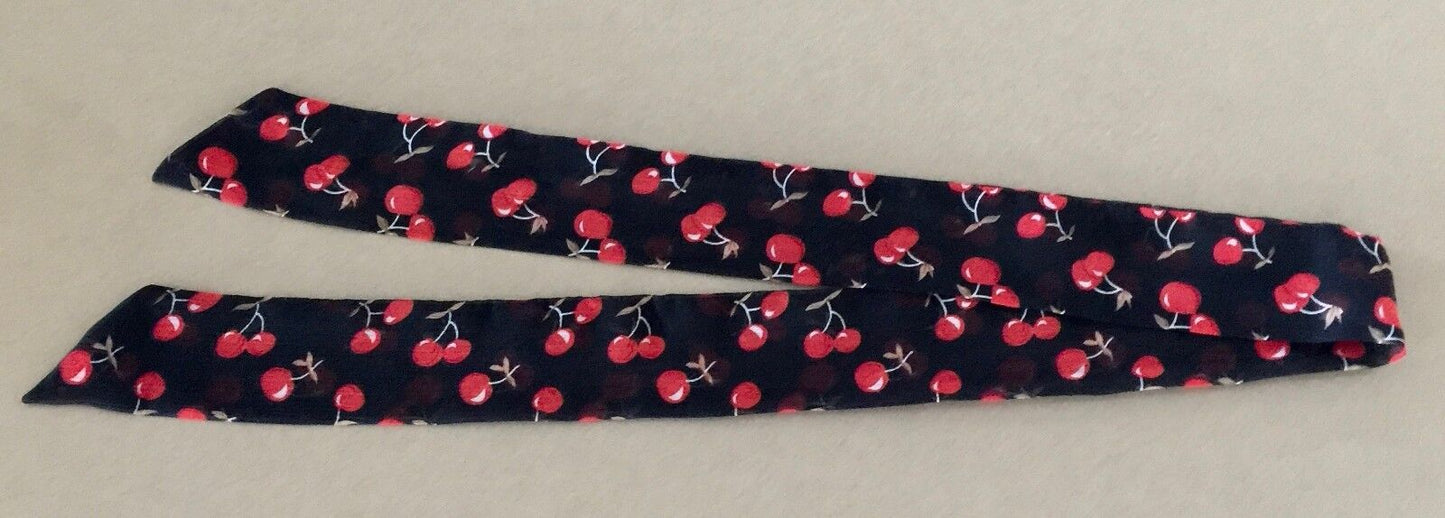 HEADBAND Cherry Print Rockabilly Pin Up Hair Neck Tie Ribbon Black Red Organza