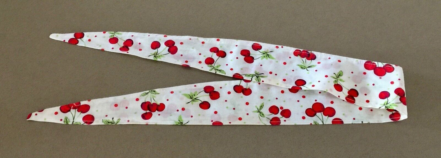 HEADBAND Cotton White & Red Cherry Print NECK HAIR Tie Ribbon Rockabilly Pinup