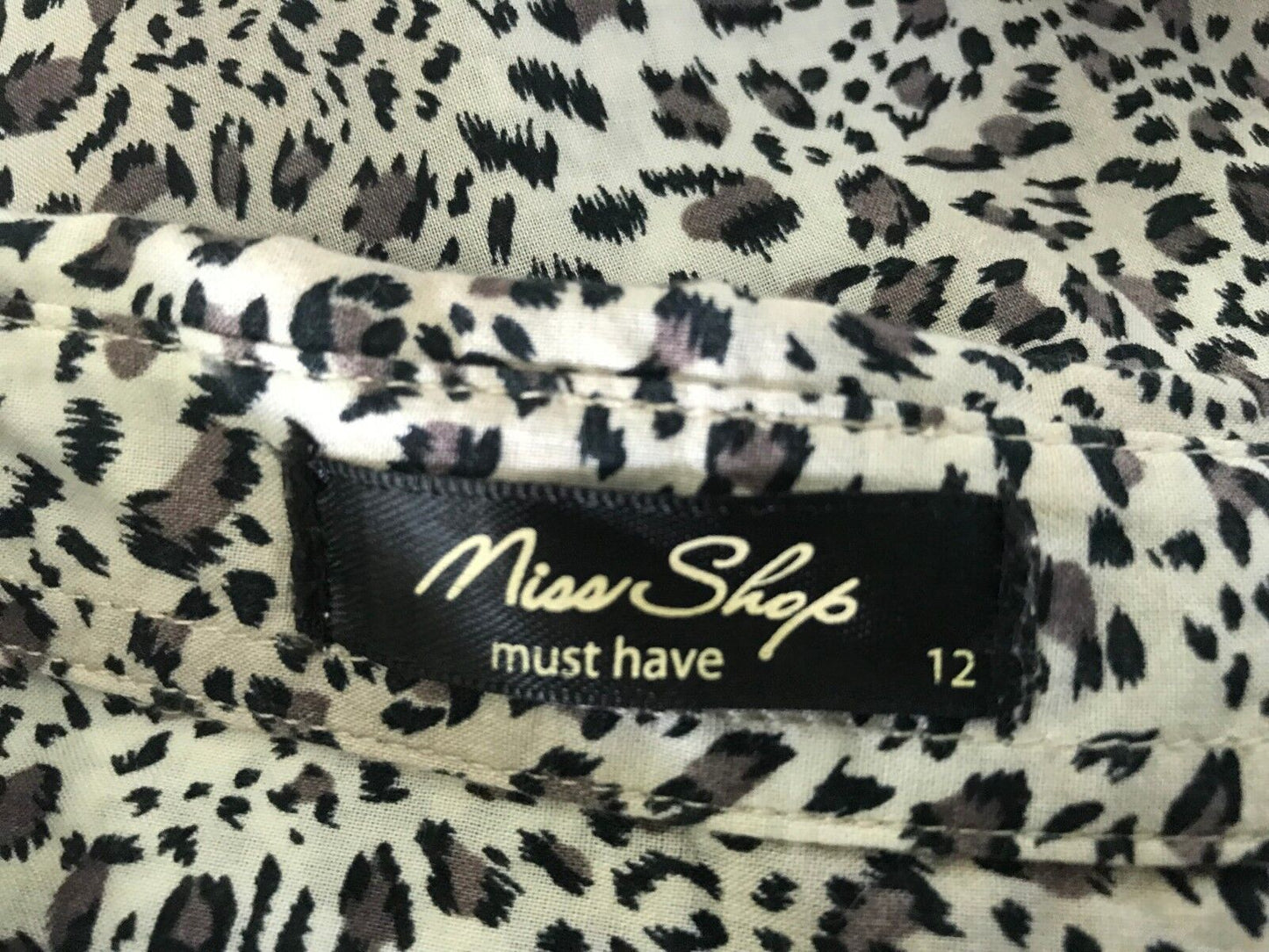 MISS SHOP Shirt Top Brown Black White Cheetah Adjustable Sleeve Blouse Sz 12
