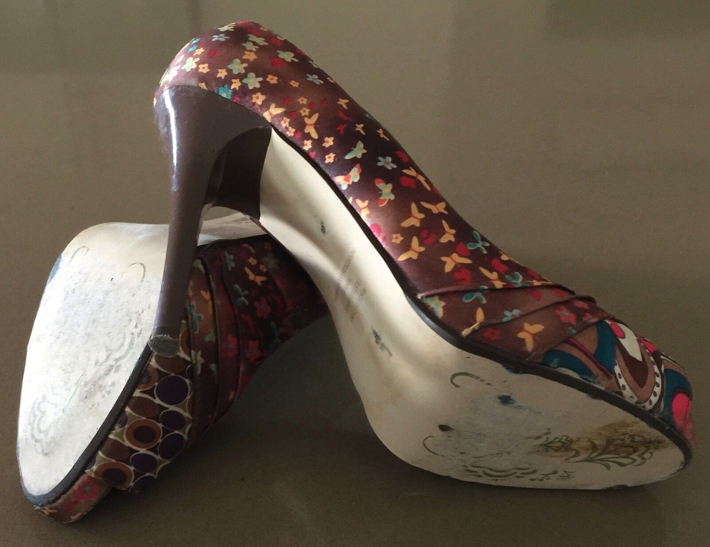 MISS SHOP Stiletto Shoes Multi Print & Colour Fabric Peep Toe Size 10 Gorgeous