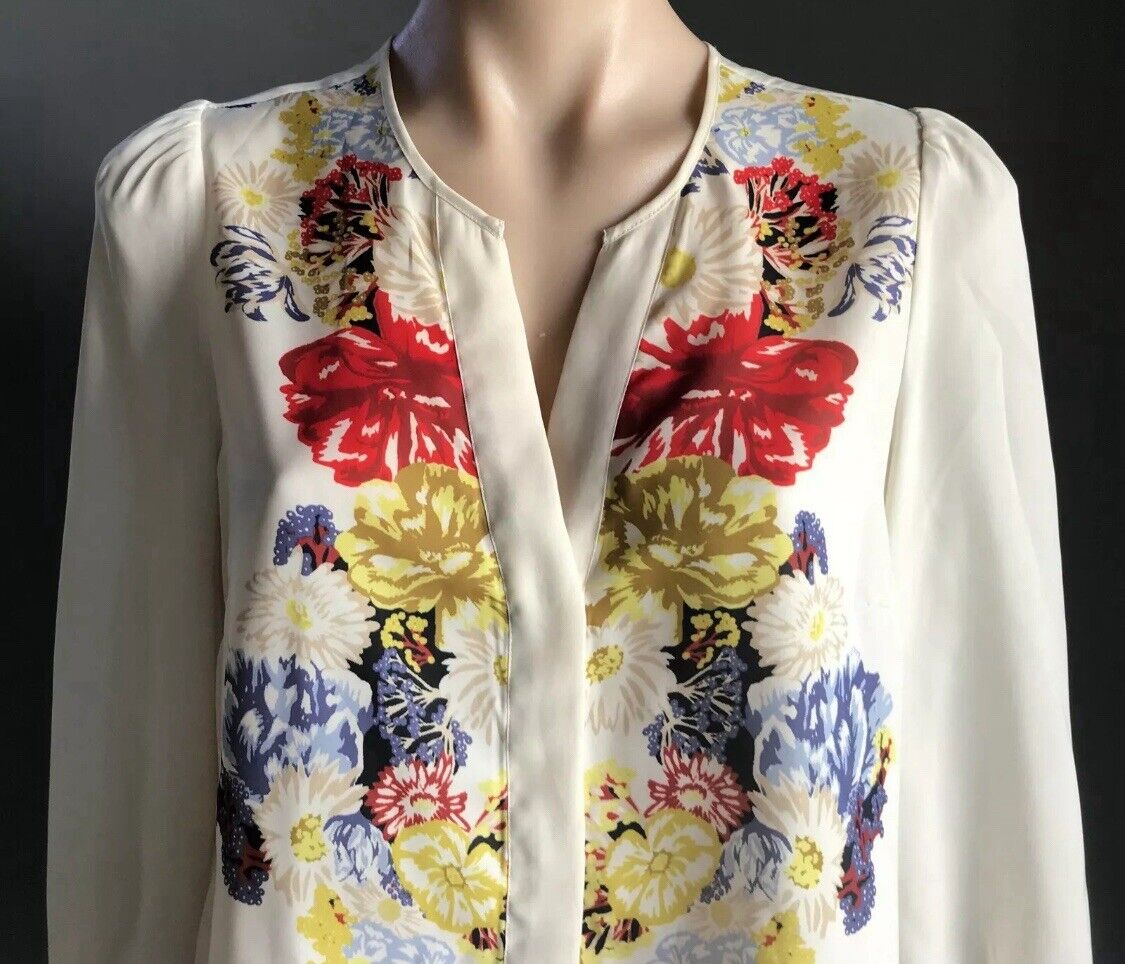 H&M Top Cream & Floral Print Collarless 3/4 Sleeve Blouse Ladies Sz EU 38 AU 10