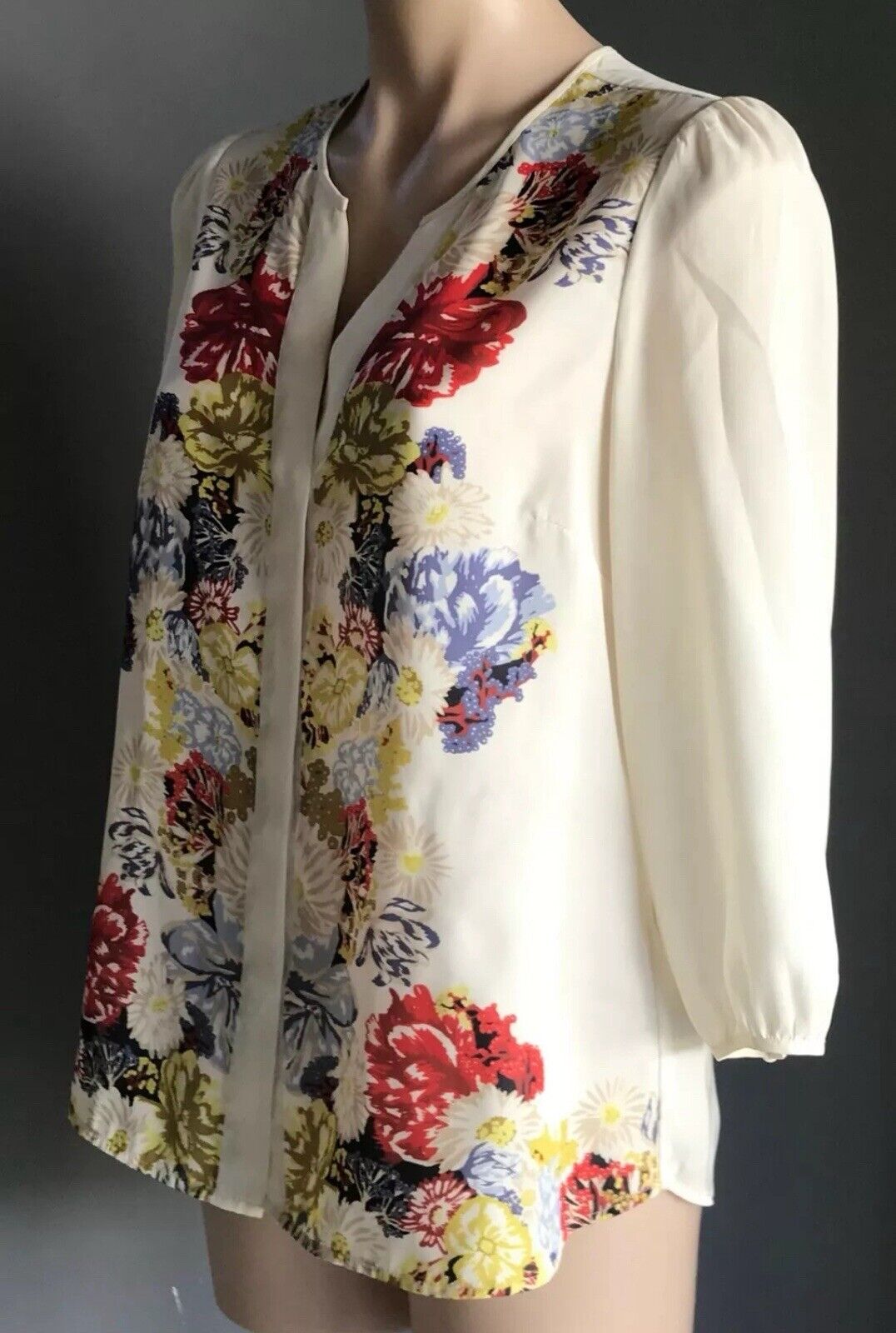 H&M Top Cream & Floral Print Collarless 3/4 Sleeve Blouse Ladies Sz EU 38 AU 10